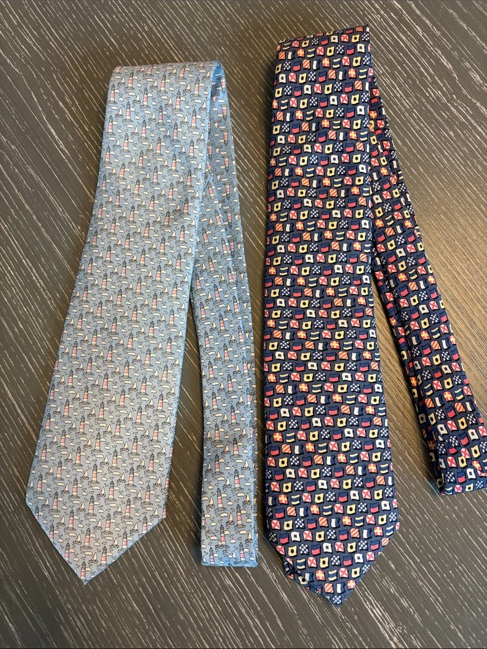 2 Men's Vineyard Vines Nautical Light Blue and Navy Patterned Silk Ties